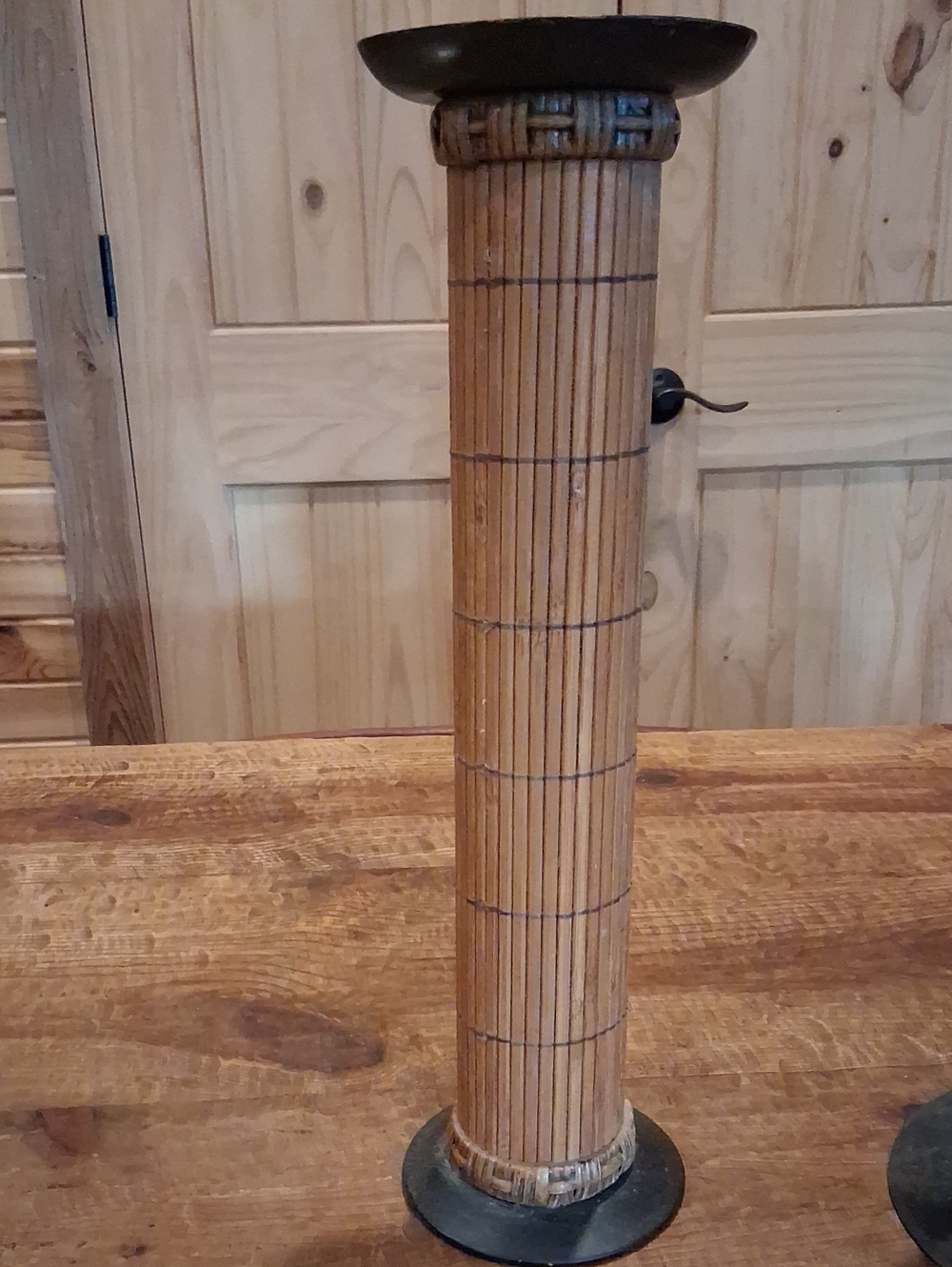 Tall Bamboo Column Candle Holder with Dark Metal Accents